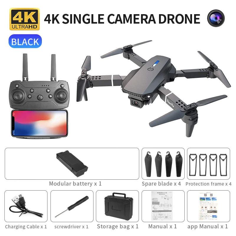 Drone Rc Team City - โดรนพับได้อัจฉริยะ E88 Pro รองรับการสลับกล้องเดี่ยว/คู่ คุณภาพภาพ 4K+การถ่ายภาพมุมกว้าง